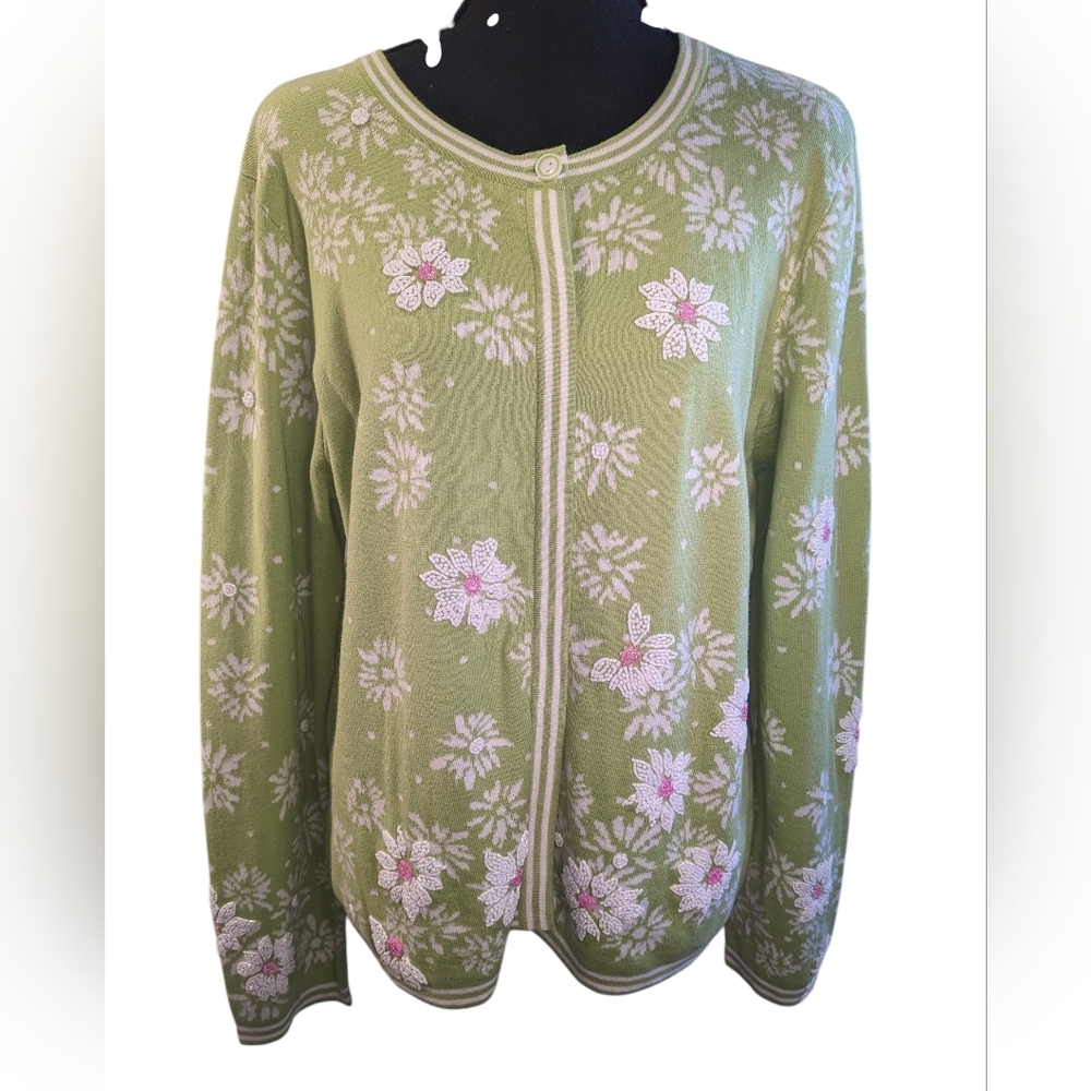 Susan Bristol Mint Green and Pink Floral Cardigan With Beaded Daisy's Size XL